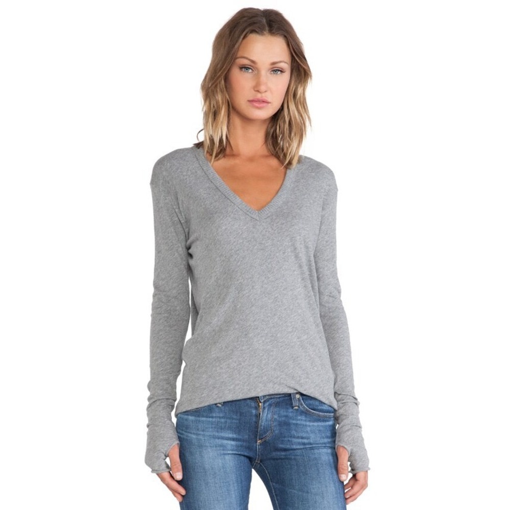 Enza Costa Cashmere Jersey V-Neck Top Women L Smoke Gray Thumbhole $250